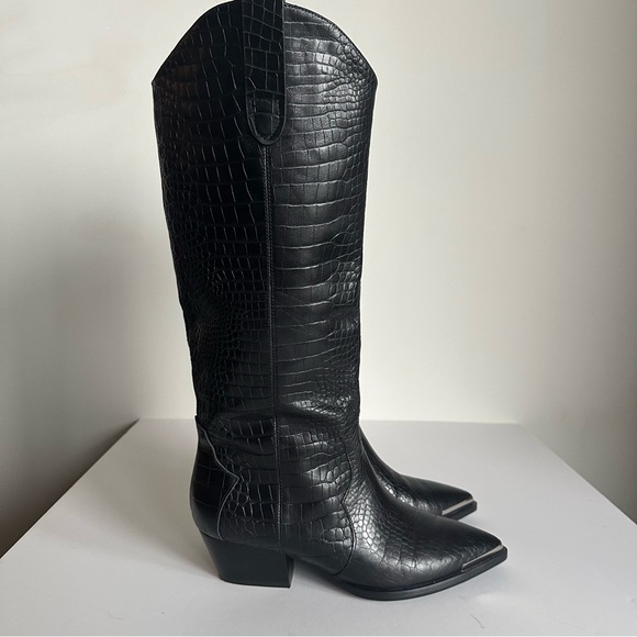 Black Leather Croc-Embossed Knee-High Boots Metal Toe Cap EU 39/ US 8.5-9 - Picture 6 of 16